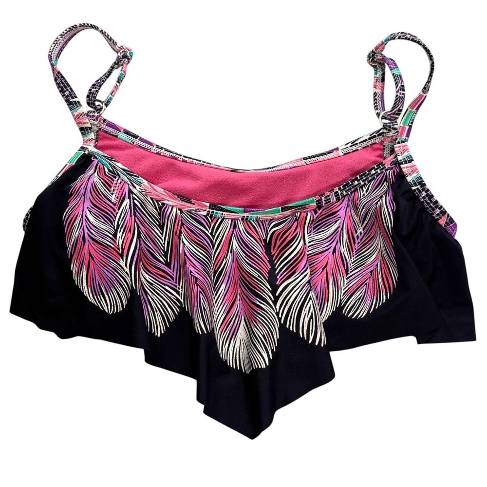 Candies Bikini Top Womens L Black Pink Feathers Adjustable Flounce Boho Swimsuit